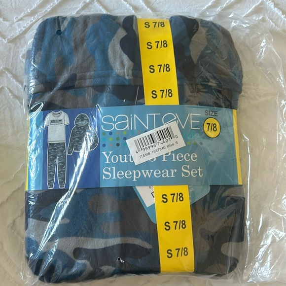 Boys 3 Piece Sleepwear Set Warm Long Sleeve Blue/Gray Camo Sz XS 5/6, S 7/8 NWT - Picture 1 of 4